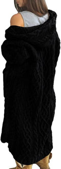 Womens Long Cable Knit Open Cardigan - Warm Hooded Maxi Sweater