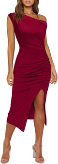 OWIN Women's Sexy Off Shoulder Ruched Side Slit Midi Dress - Elegant
