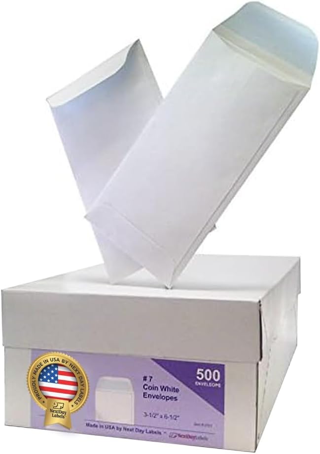 NextDay Labels #7 Coin Envelopes - Durable White Gummed Cash