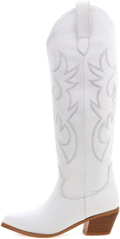 Erocalli White Cowgirl Boots for Women with Chunky Heel Style
