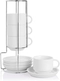 8 oz Porcelain Cappuccino Cups with Saucers and Metal Stand - Set of 4