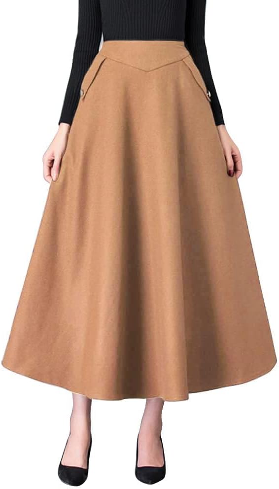 IDEALSANXUN Womens High Waisted Wool Plaid A-line Long Skirt