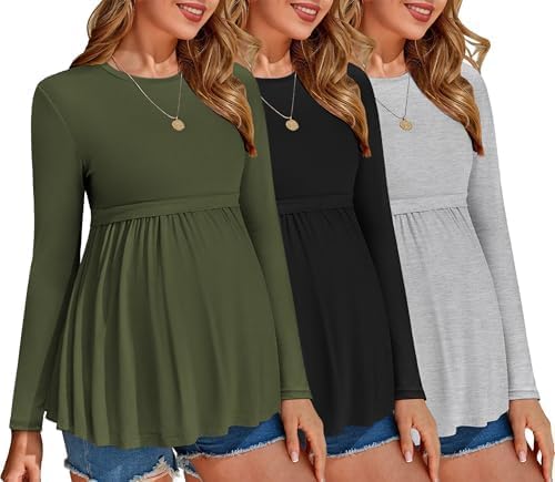 Ekouaer Maternity Shirts 3 Packs Long Sleeve Tops for Moms