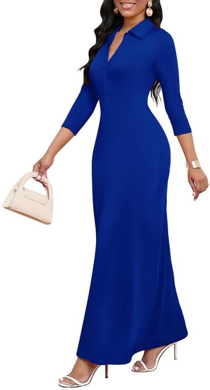 Maxi Dresses for Women Casual V Neck 3/4 Sleeve Bodycon Style