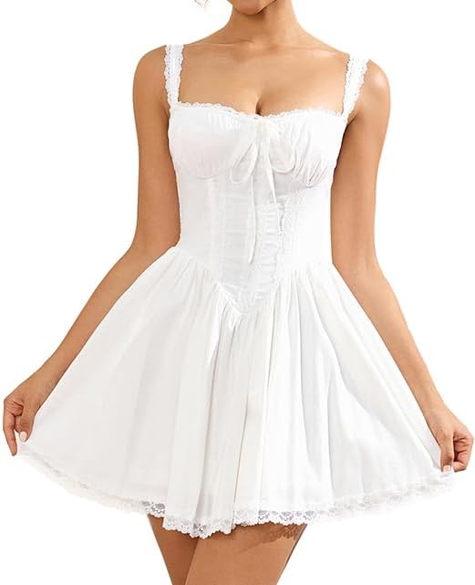Womens Summer Mini Dress Square Neck Tie Front Lace Spliced