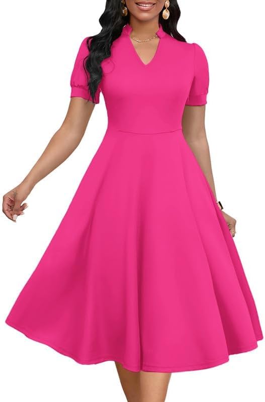 Womens Short Puff Sleeve V Neck Casual A-Line Cocktail Dress