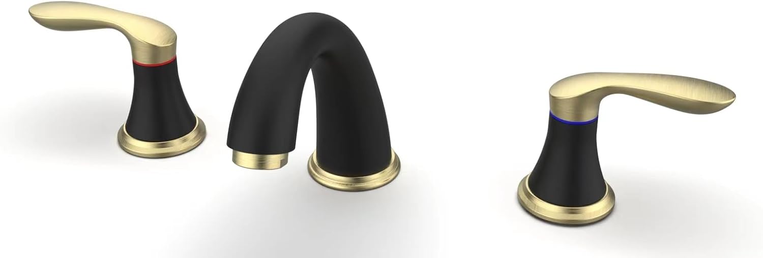 Widespread Black and Gold Bathroom Sink Faucet with Drain