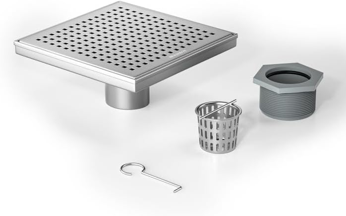 Square Shower Drain 8in, 304 Stainless Steel with Hair Strainer
