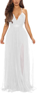 Women's Sexy Deep V Neck Split Cocktail Maxi Dress - Adjustable Straps