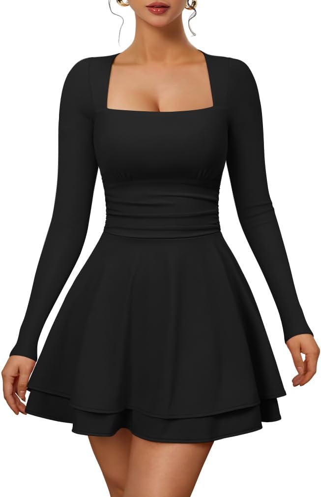 XXTAXN Women's Sexy Long Sleeve Square Neck Mini Dress