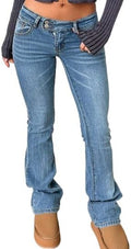 Womens Blue Low Rise Double Button Elastic Flare Jeans - Stretchy Fit