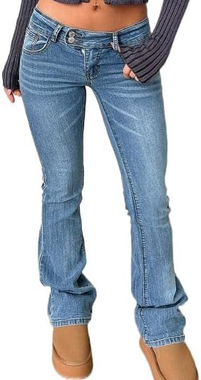 Women's Stretch Low Rise Double Button Elastic Skinny Flare Jeans