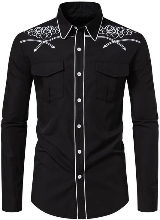KISSQIQI Mens Western Cowboy Shirt Casual Button Down Long Sleeve