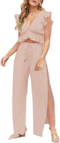 Womens Cotton Blend Deep V Crop Top and Wide Leg Pants Set - Beach