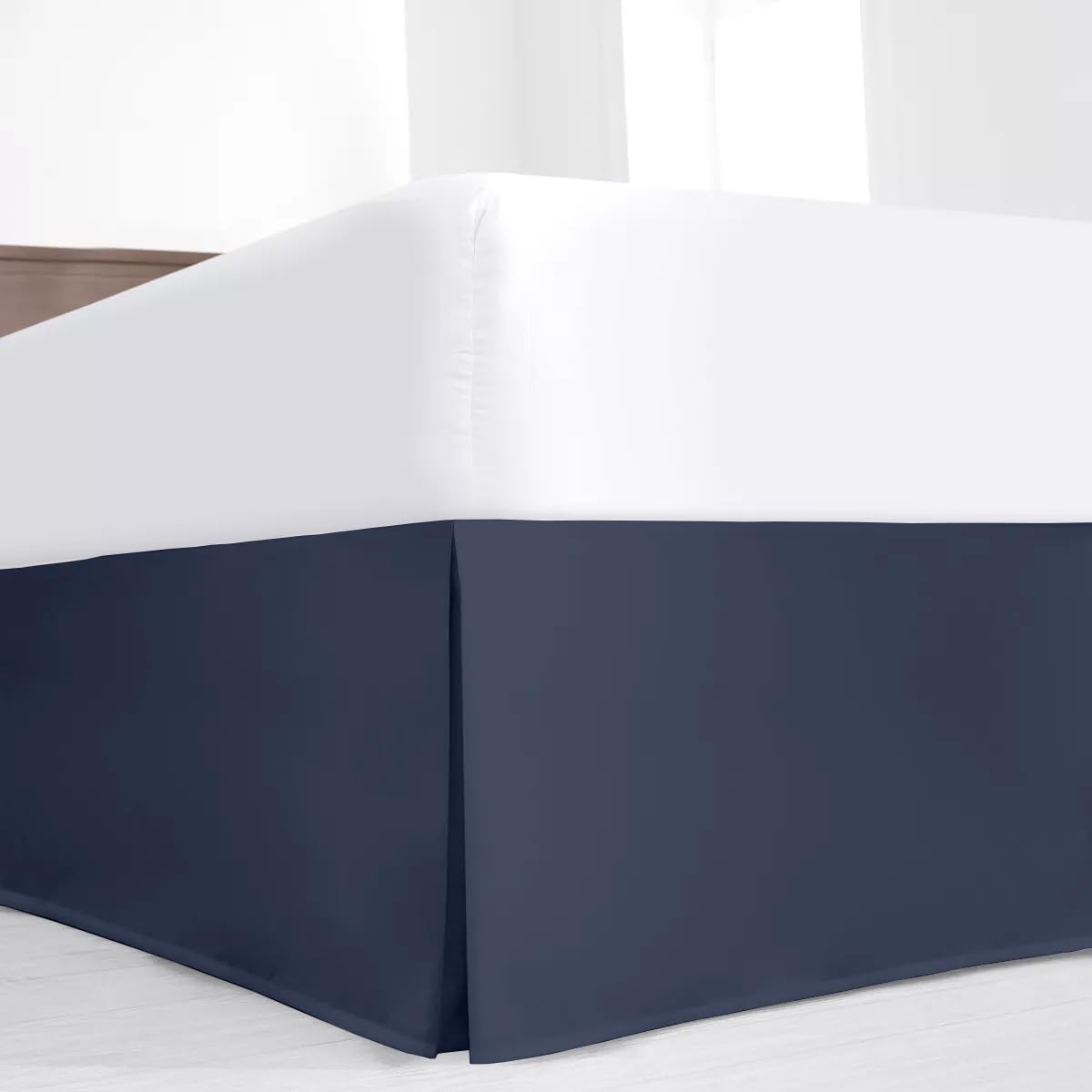 Luxury Pleated King Bed Skirt with Split Corners - Navy Blue