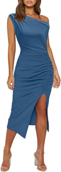 Sexy Elegant Off Shoulder Ruched Bodycon Midi Dress - Flattering