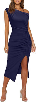 OWIN Women's Sexy Elegant Off Shoulder Ruched Bodycon Midi Dress