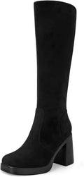 Black Leather Platform Boots for Women Square Toe Chunky Heel Women's
