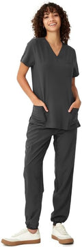 Women's V-Neck Scrubs Top & Cargo Pants Set - 10 Pockets, 4 Way