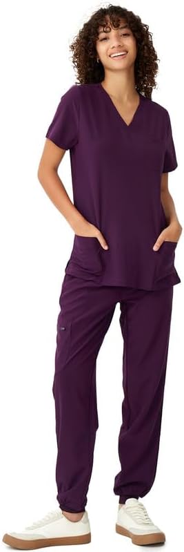 Women's V-Neck Scrubs Top & Cargo Pants Set with 10 Pockets