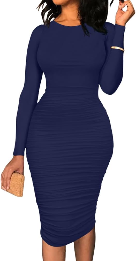 Elegant Bodycon Midi Dress for Women - Ruched Long Sleeve Style