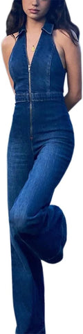 Denim Jumpsuit for Women Sexy Slim Fit High Waist Zipper Romper