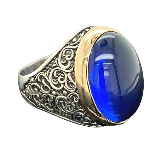Men Blue Sapphire Stone Ring in Ottoman Style 925K Silver