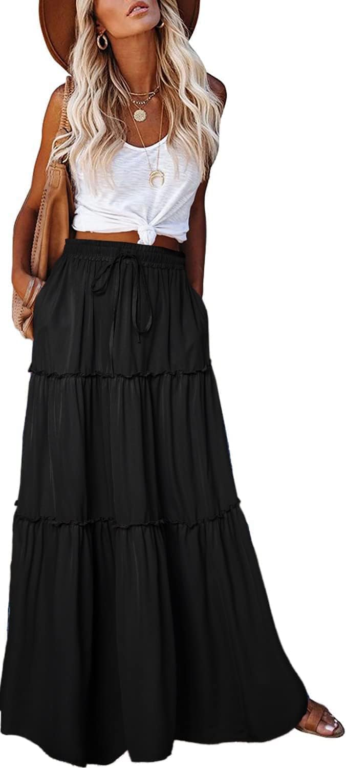EARKOHA Womens Casual High Waist Tie Maxi Skirt with Pockets