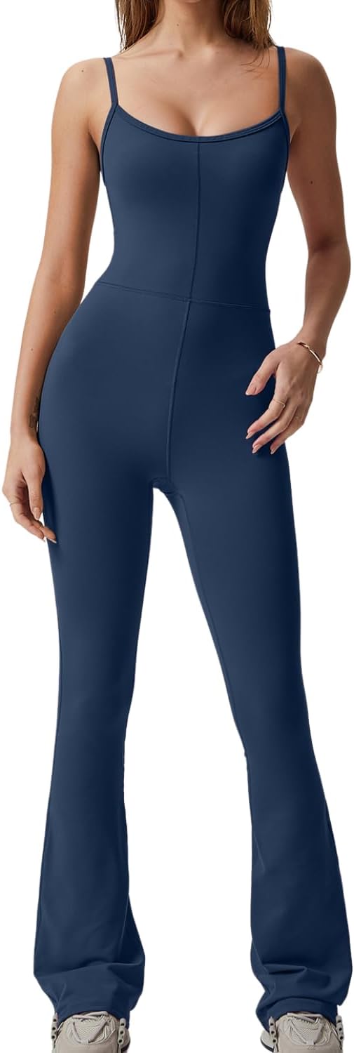 QINSEN Flare Jumpsuits for Women with Spaghetti Straps
