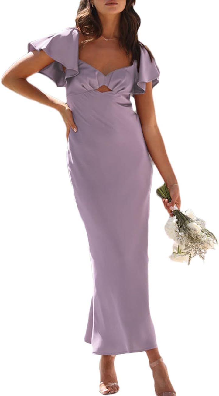 Summer Satin Flutter Sleeve Wedding Guest Dresses for Women