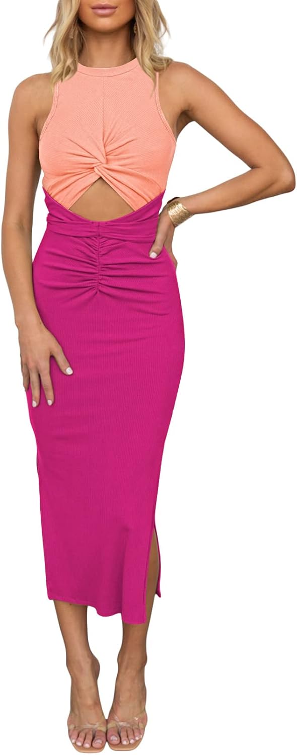 HUUSA Women's Sexy Sleeveless Cut Out Bodycon Midi Dress