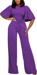 Womens Loose Short Sleeve Belted Wide Leg Pant Romper - Chic