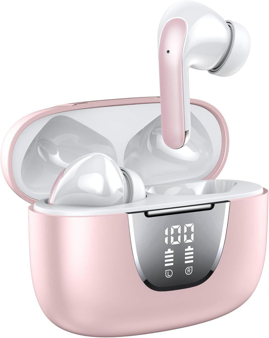 Wireless Bluetooth Earbuds: 50H Playback, Deep Bass, Clear Calls - Pink