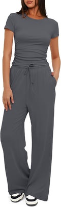 Women's 2 Piece Lounge Set - Ruched Short Sleeve Top & Wide Leg Pants