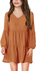 Girls Casual Tunic Dress V Neck Lantern Sleeve - Easy Daywear