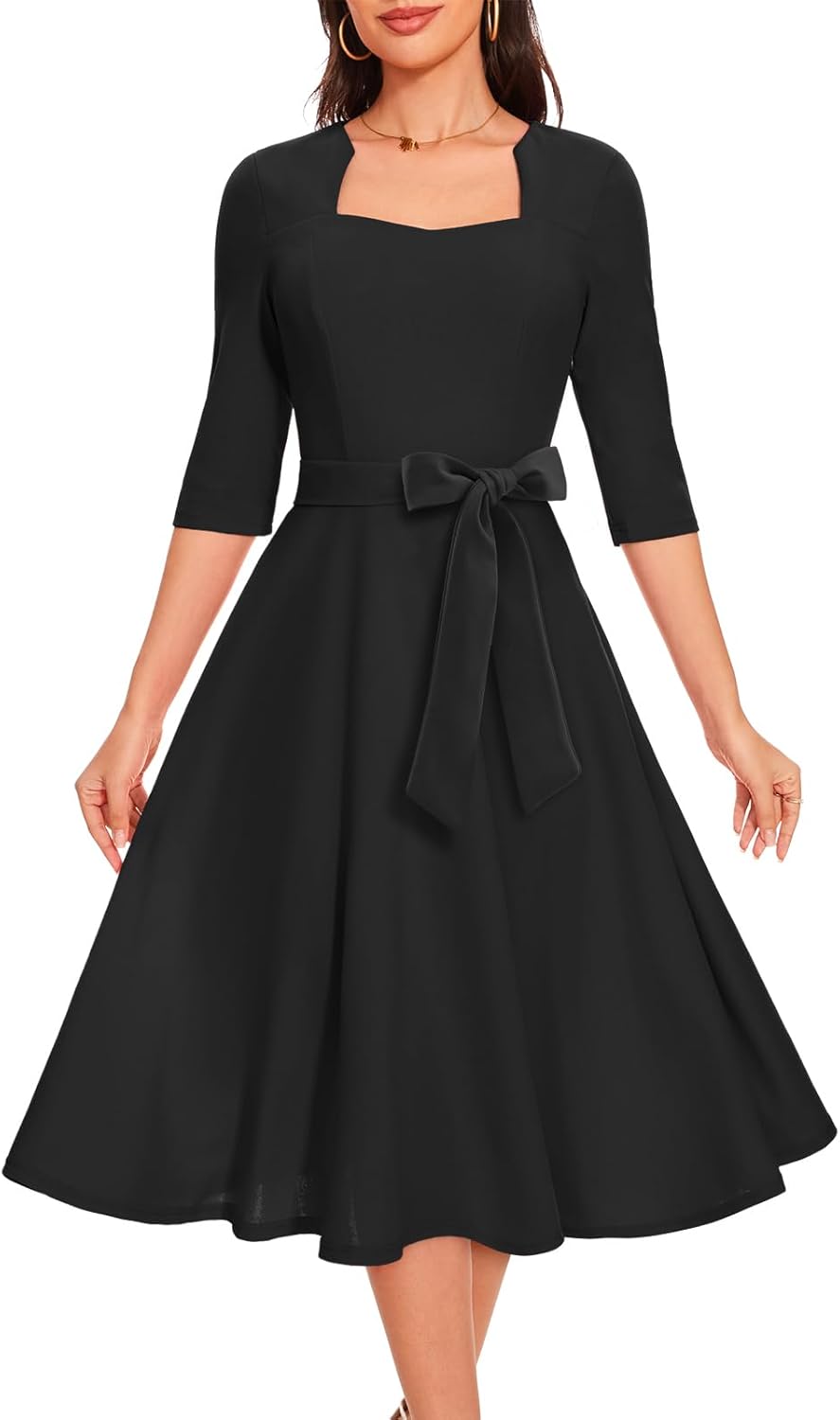 Flared A-Line Cocktail Dress - Elegant 3/4 Sleeves