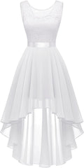 Women's Hi Low Lace Chiffon Formal Dress - Sleeveless V-Back