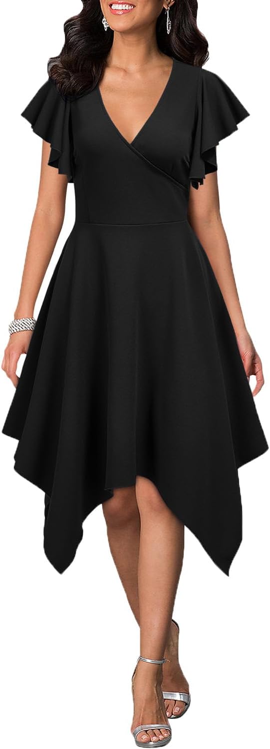 WOOSEA Women's Deep V Neck Asymmetrical A Line Cocktail Dress
