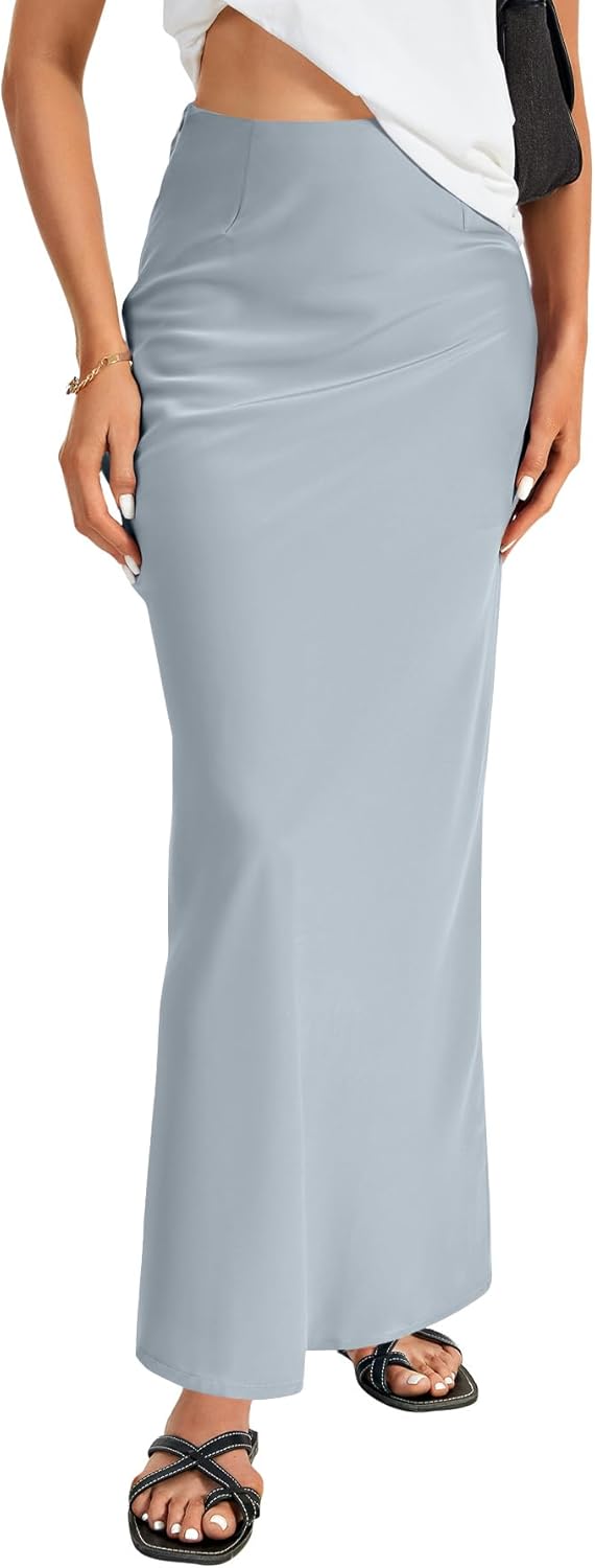 Elegant Satin Silky High Waist A Line Maxi Long Skirt for Women