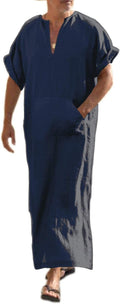 Men's V-Neck Linen Robe Kaftan Short Sleeve for Beach & Summer