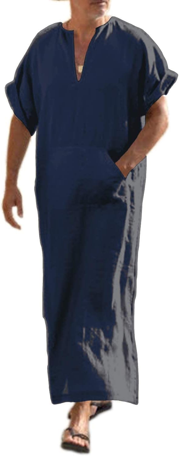 COOFANDY Men's V-Neck Linen Robe Short Sleeve Kaftan Gown
