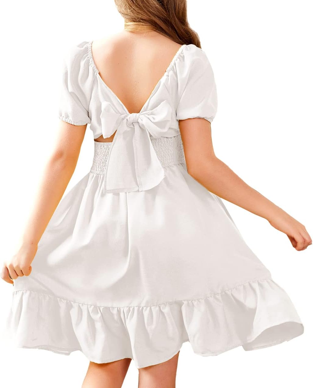 Arshiner Girls Tie Back Short Sleeve Ruffle Hem Dress 4-12