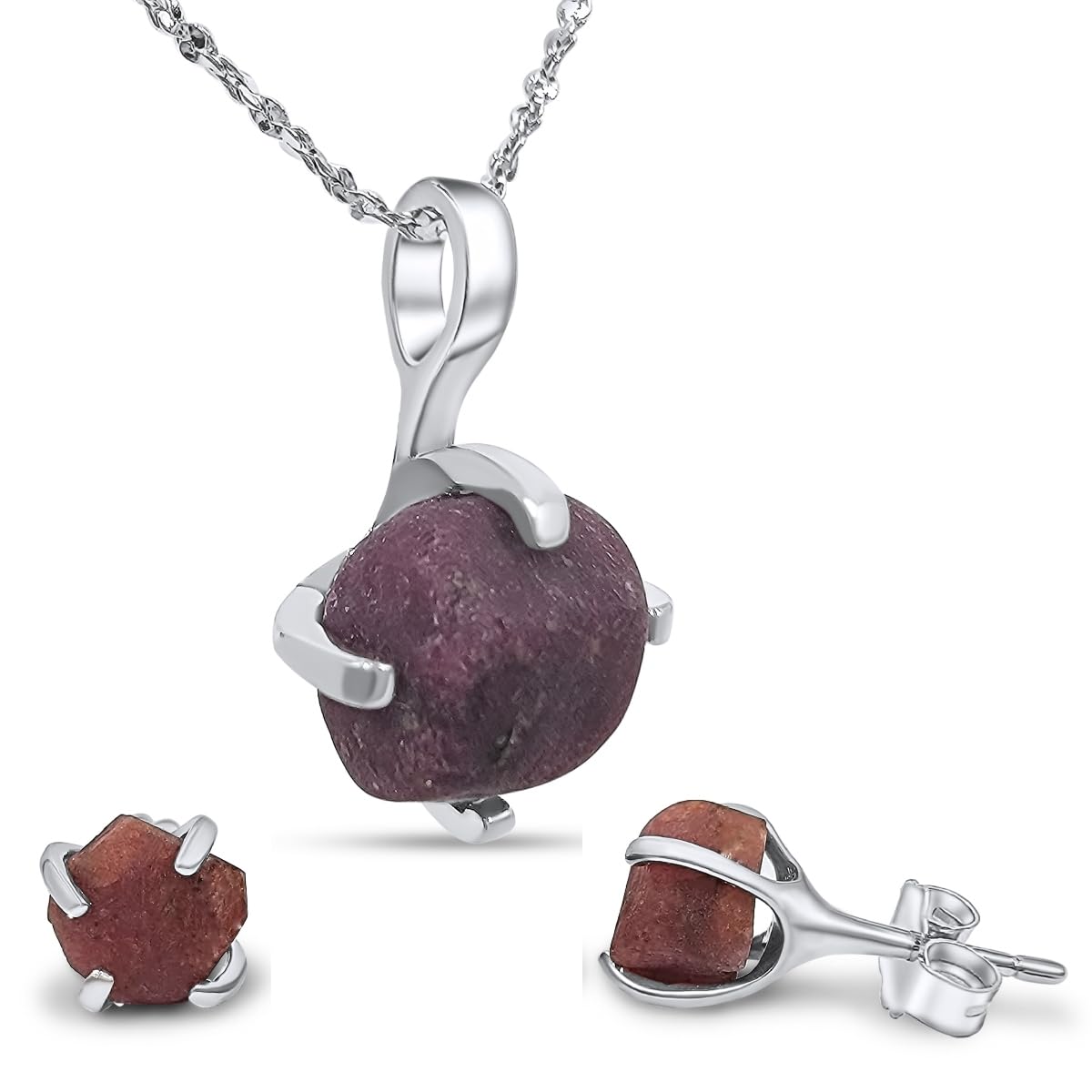 Real Raw Ruby Jewelry Set with 925 Sterling Silver Gift Set