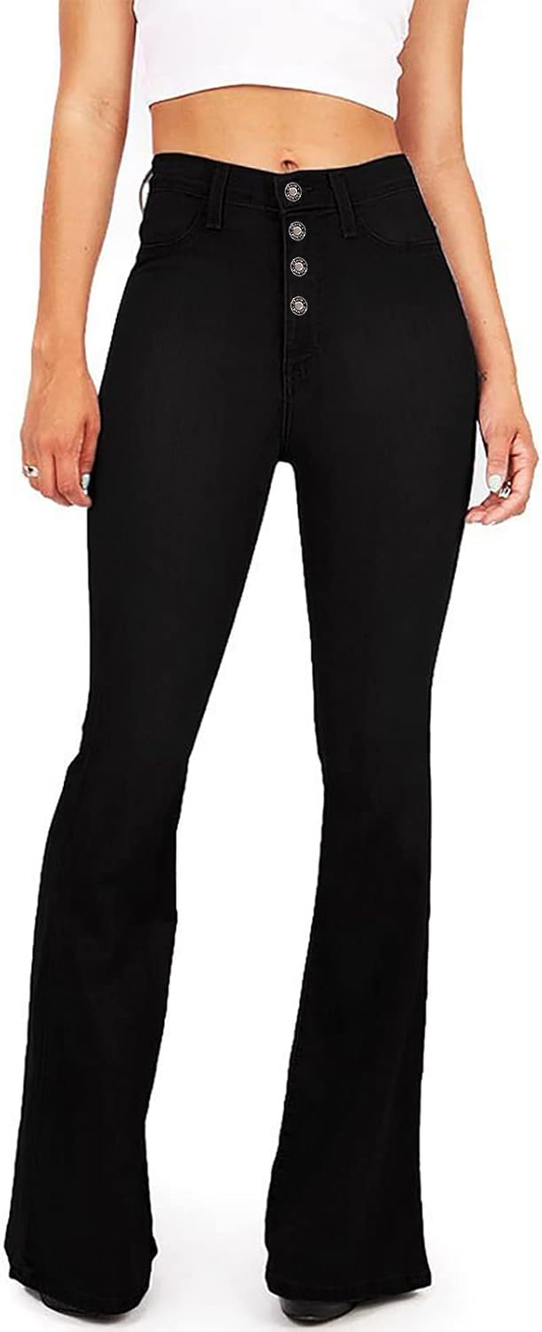 BISUAL Women's Black Bell Bottom Jeans - High Waisted Flare Style