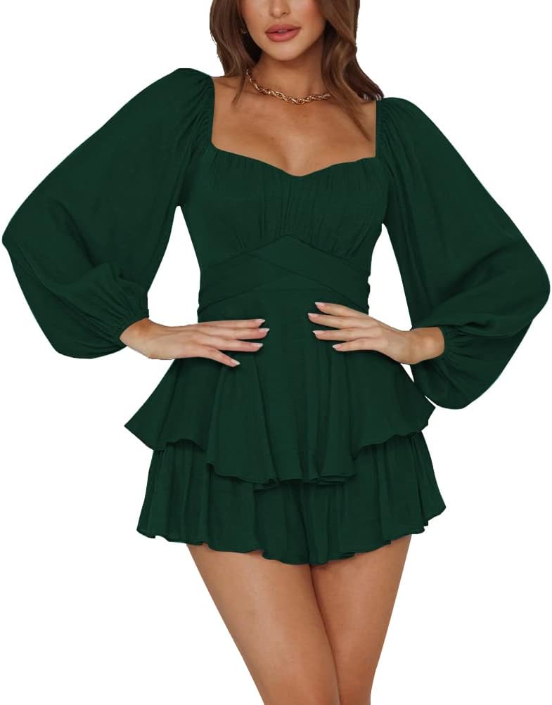 LYANER Women's Jumpsuit Lantern Long Sleeve Ruffle Romper