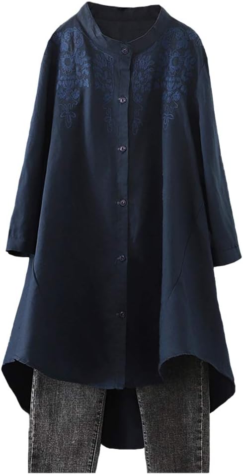 Minibee Women's Cotton Linen Shirt High Low Embroidered Blouse