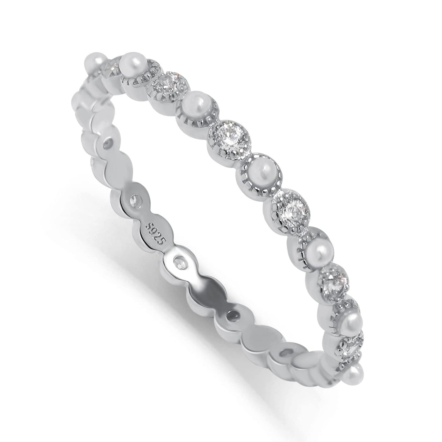 Stackable Ring for Women Minimalist Tiny Pearl Silver Dainty