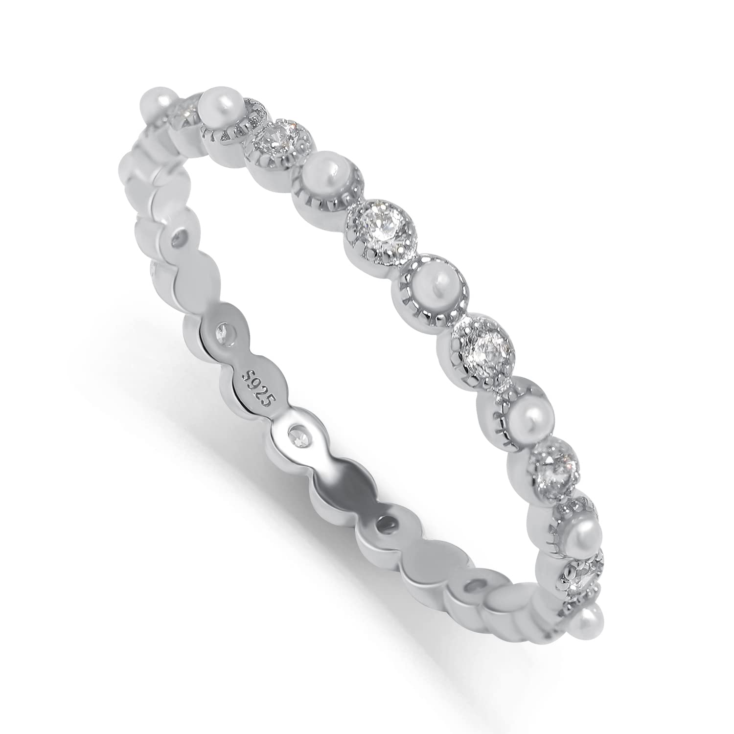Stackable Ring for Women Minimalist Tiny Pearl Silver Dainty