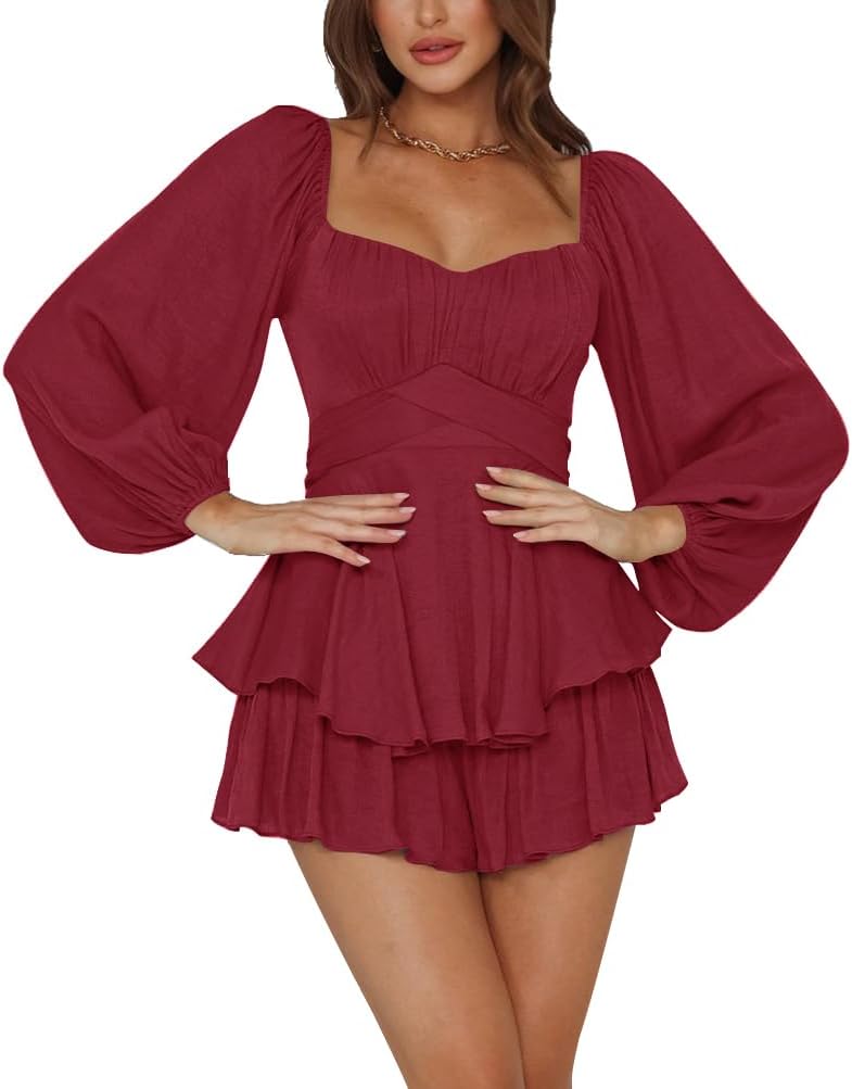 LYANER Women's Jumpsuit Lantern Long Sleeve Ruffle Romper