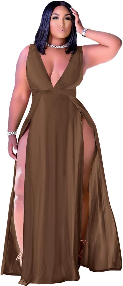 Stylish Plus Size Sleeveless Deep V Neck Maxi Wrap Dress